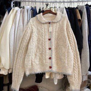 Cream Cable Knit Cardigan Red Heart Buttons Cozy